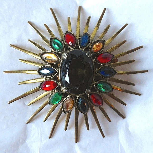 VINTAGE ATOMIC SUNBURST BROOCH - MULTI-COLORED GLASS STONES - Picture 5 of 5